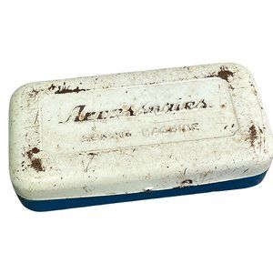 Vintage Metal Sewing Machine Accessories Tin Storage Box Blue White Hinged